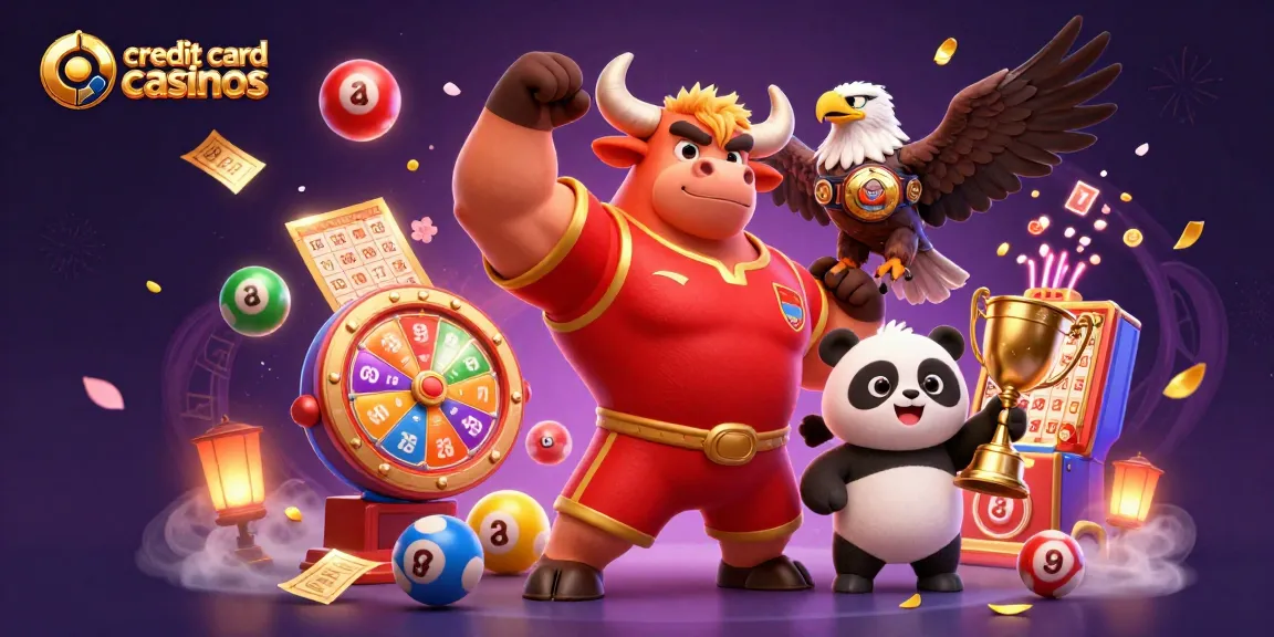 Celebrate winning at credit card casinos with vibrant characters and gaming elements.