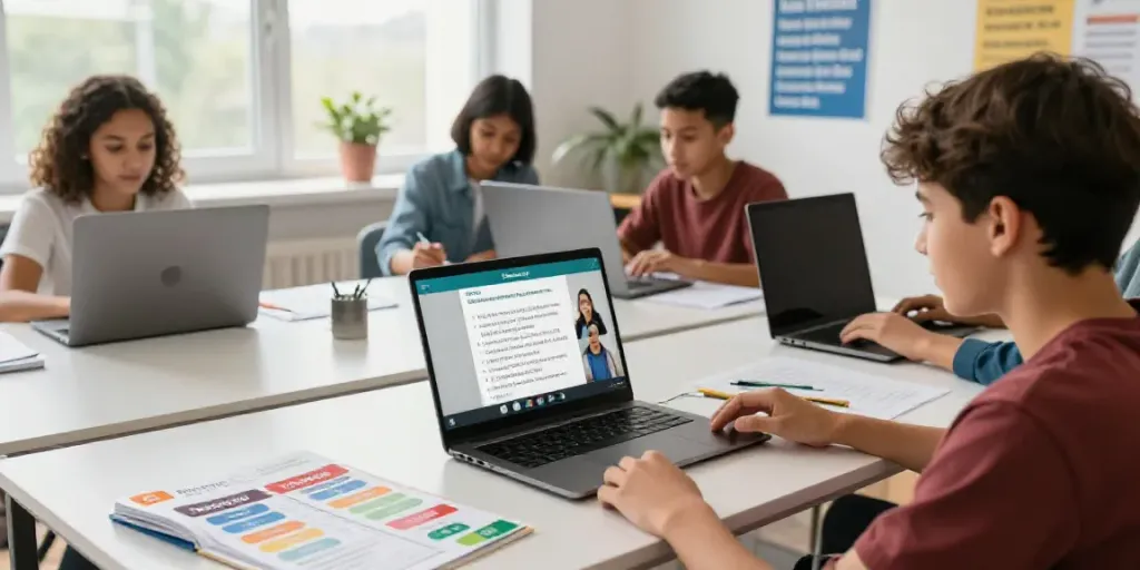 Students in an interactive online language course learning Toto and other foreign languages in a bright, engaging setting.