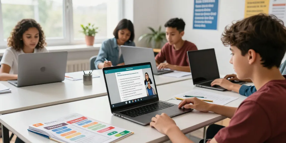 Students in an interactive online language course learning Toto and other foreign languages in a bright, engaging setting.