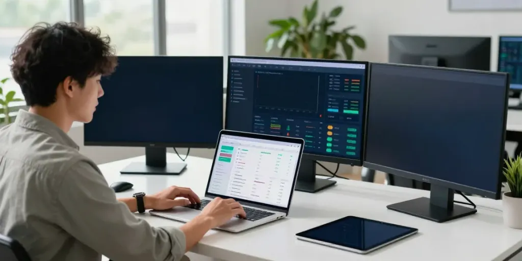 Analyzing social media metrics using insanony on a laptop in a modern workspace.