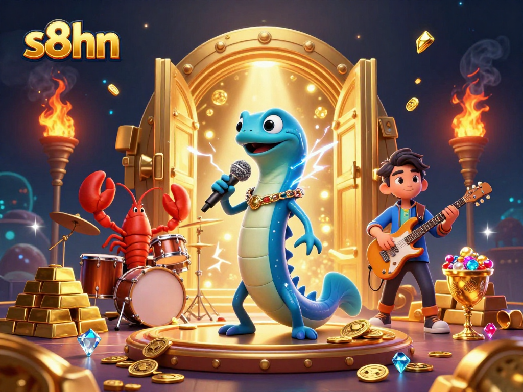 S8HN showcases a vibrant underwater casino scene featuring a DJ electric eel, lobster drummer, and seahorse guitarist surrounded by treasures.