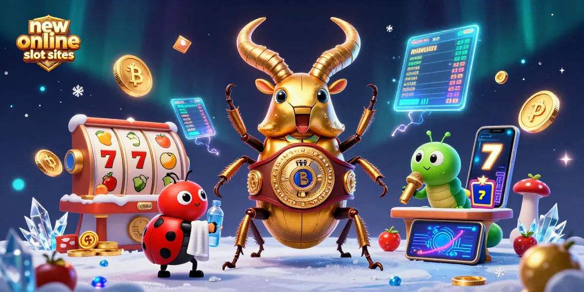 Engaging scene depicting new online slot sites with cartoon beetle champion, lively game elements, and dynamic atmosphere.