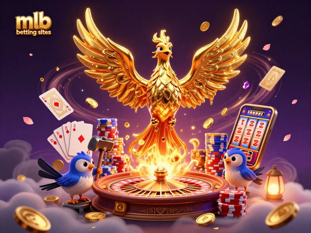 Engage with mlb betting sites as a golden phoenix emerges with coins and casino elements.