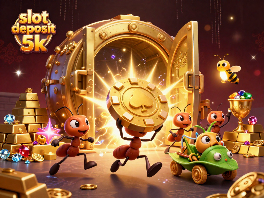 Experience the excitement of slot deposit 5k with playful ants in a vibrant heist scene.