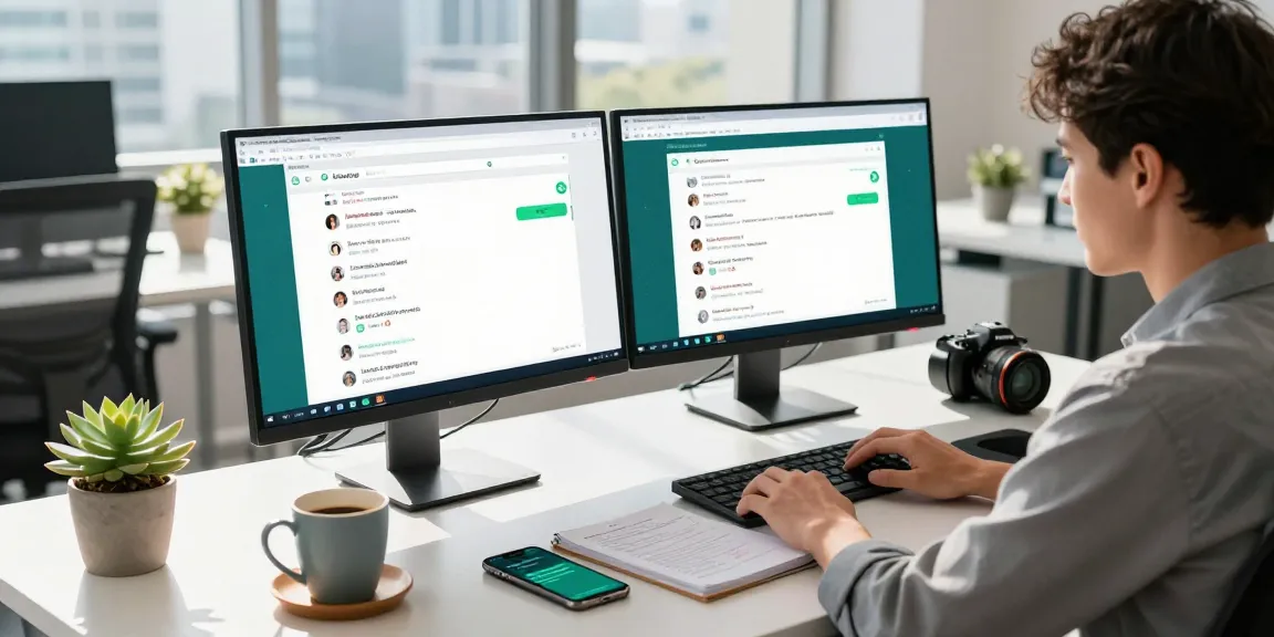 Professional workspace using WhatsApp網頁版 on dual monitors, showcasing tech productivity tools.