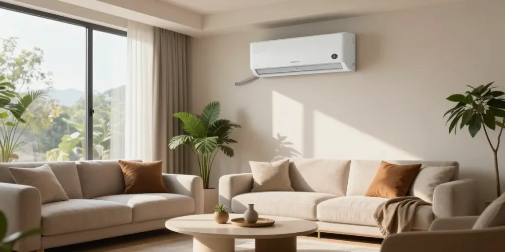 Modern mini split AC unit in stylish living room with natural light