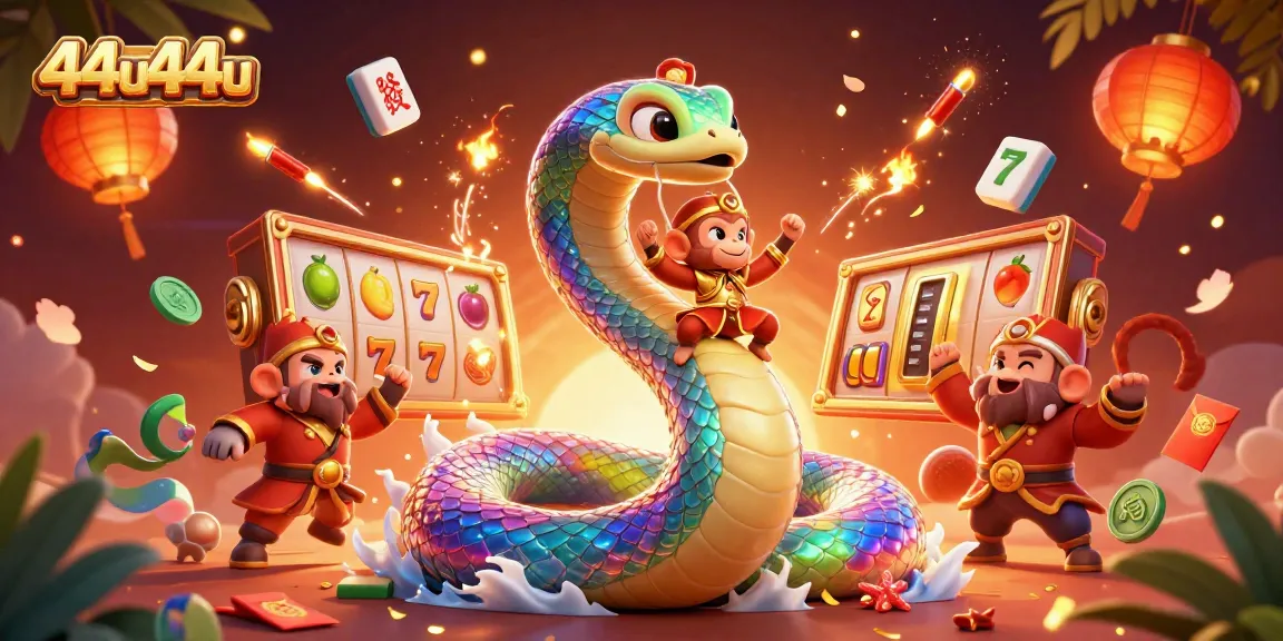 Spin the reels and win big with 44u44u's vibrant casino illustration featuring engaging characters.