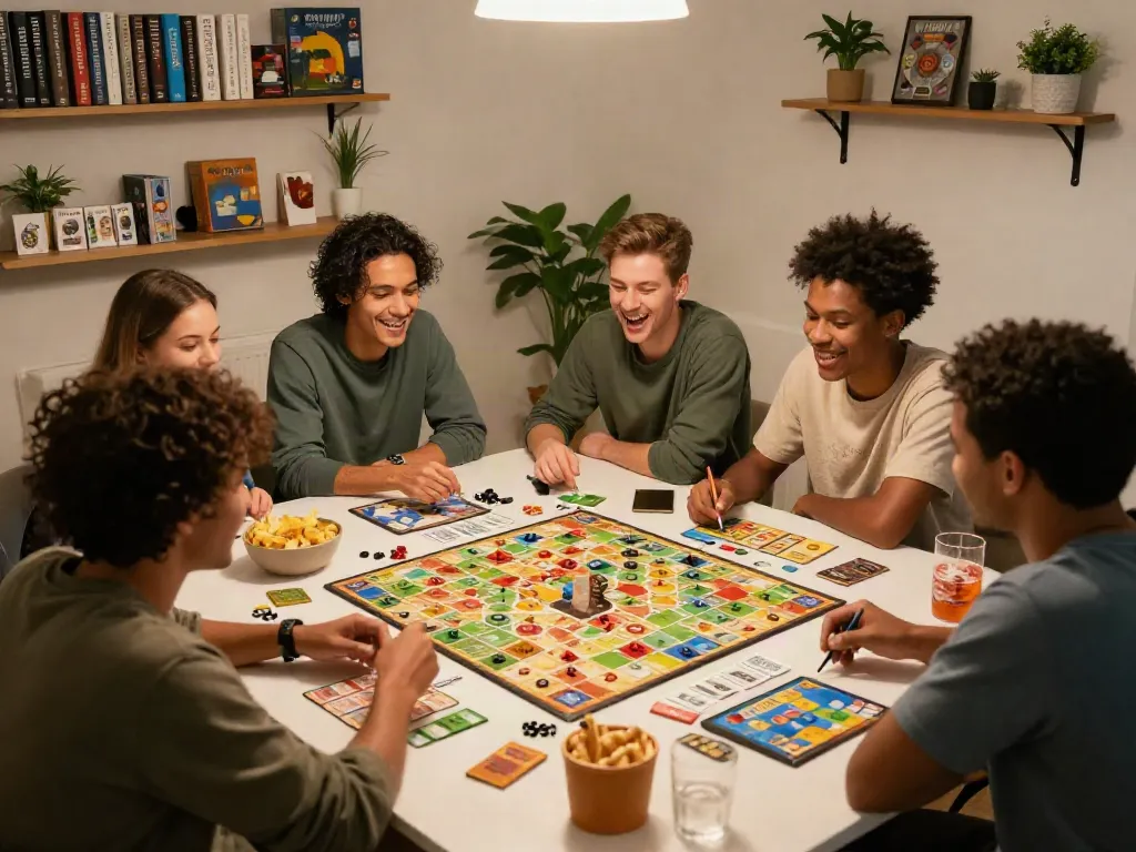 Friends enjoying a game night featuring popular board games, enhancing social connections.