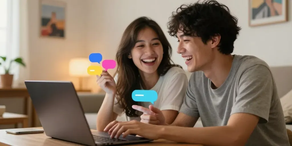 Young couple enjoying free AI sex chat on devices in a cozy space.