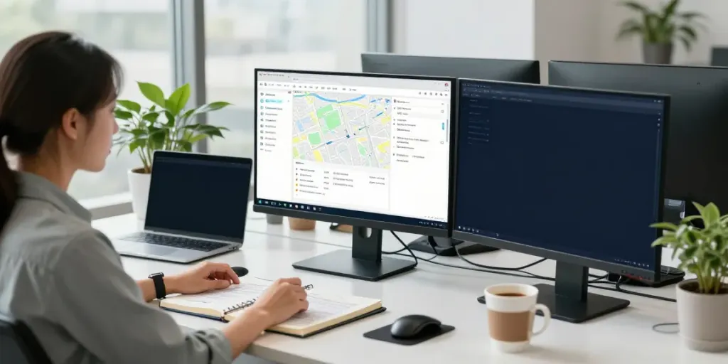 Outscraper data analyst efficiently scraping Google Maps data in a modern office.