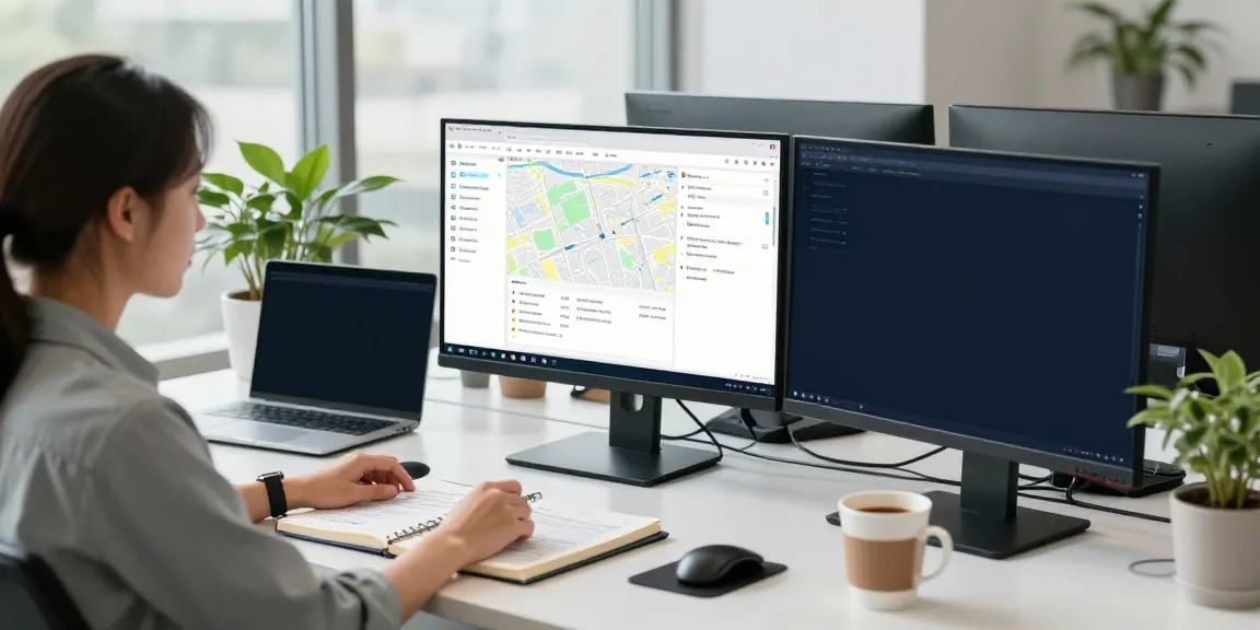 Outscraper data analyst efficiently scraping Google Maps data in a modern office.