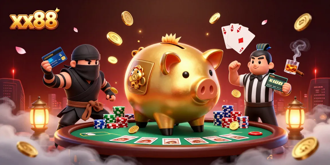 Engage with xx88 for a fun casino adventure featuring a piggy bank sumo wrestler and exciting poker elements.