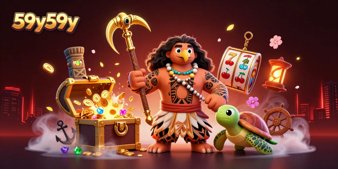 Discover the vibrant adventures of 59y59y with Maui-like characters, slots, and treasure chests.