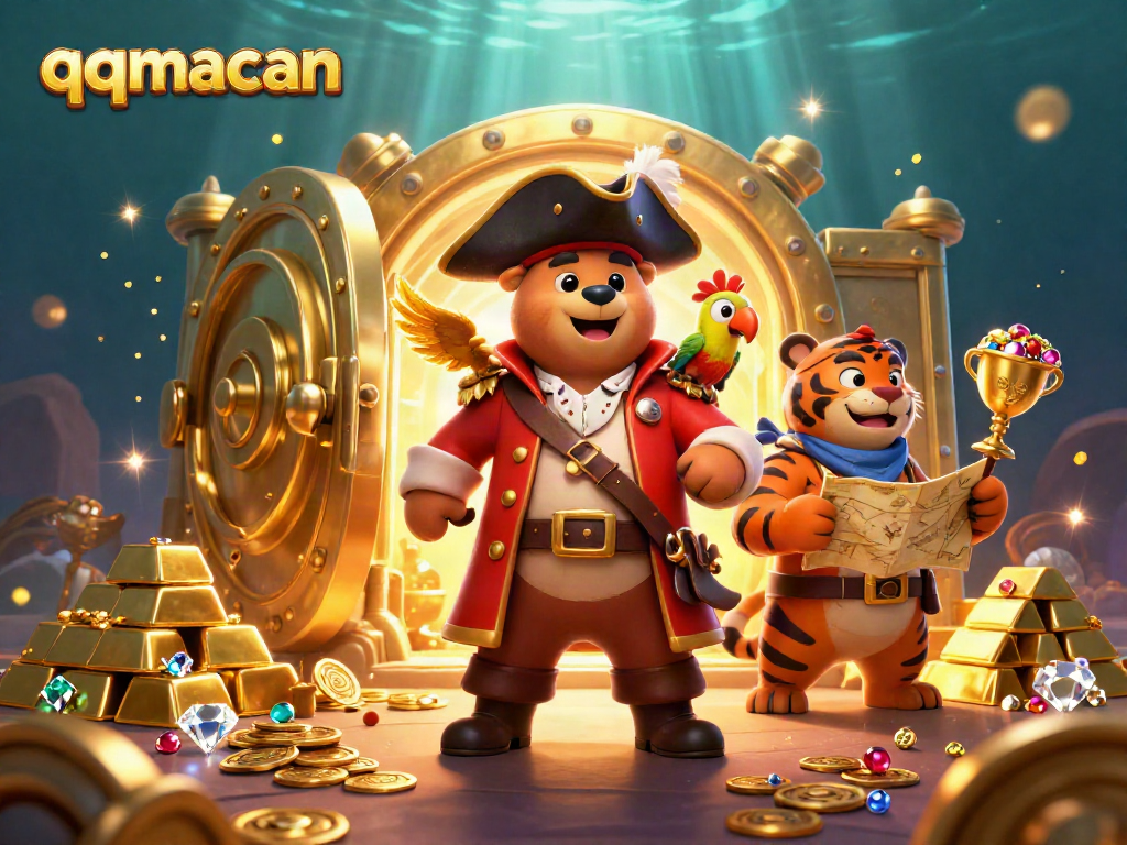 Engage with the qqmacan online gaming adventure featuring treasure-laden characters in a vibrant casino scene.