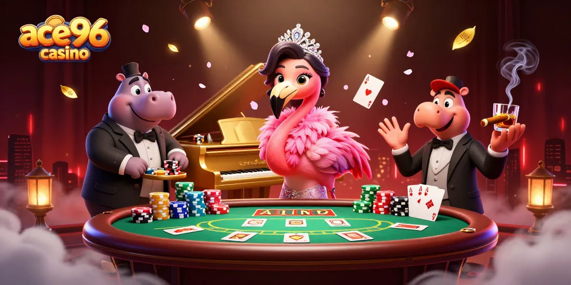 Experience the excitement of ace96 casino with a lively illustration of a flamingo singer and hippo bassist in a vibrant casino scene.