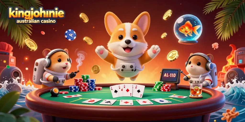 Experience the excitement of kingjohnnie australian casino with a floating corgi, poker chips, and a vibrant casino backdrop.