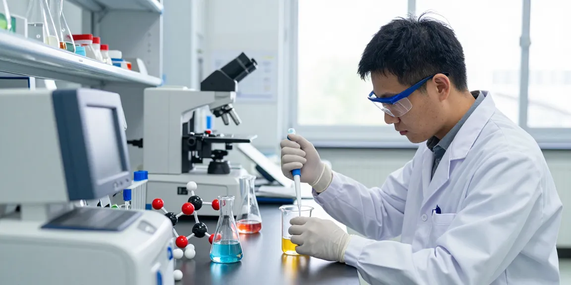 SwissChems laboratory research scene with scientist measuring chemicals, showcasing peptide synthesis.
