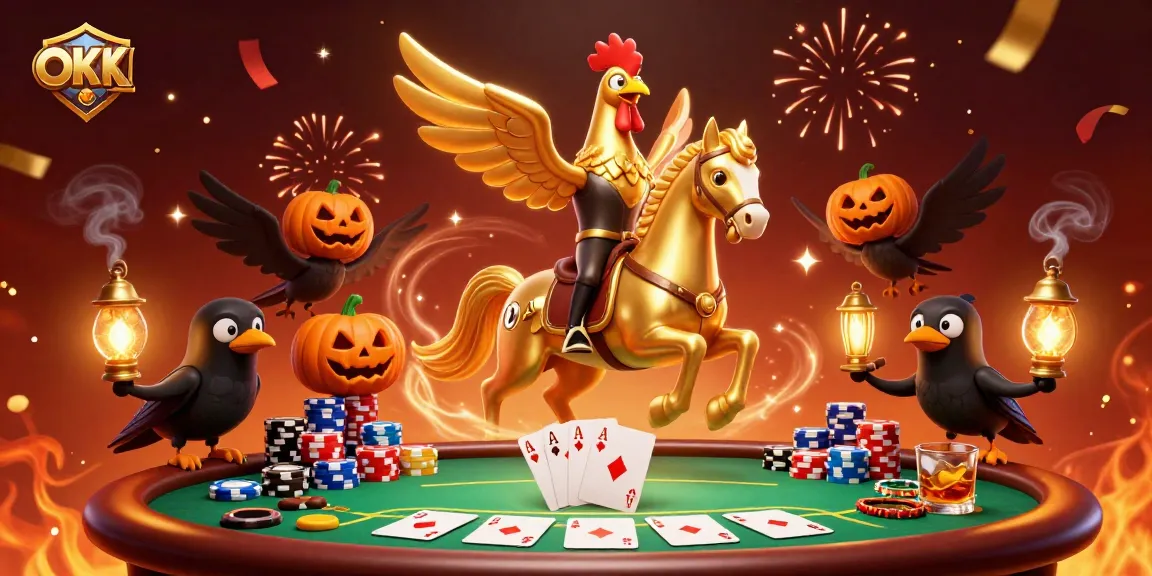 Engage with OKTK in a vibrant casino scene featuring the golden rooster and poker elements.