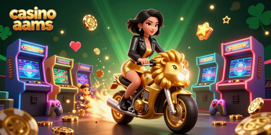 Vivi l'emozione dei casino non AAMS mentre personaggi glamorosi cavalcano una mascotte leone d'oro tra elementi di gioco vivaci.