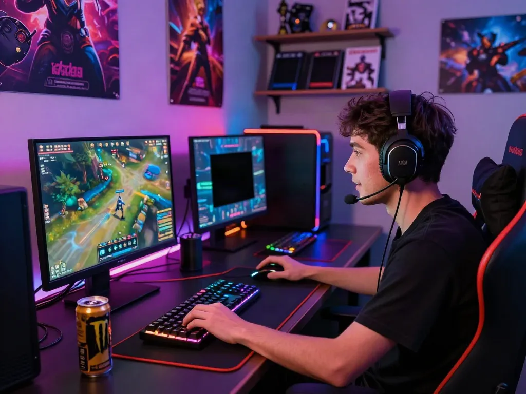 Enthusiastic gamer enjoying ahha4d at a vibrant gaming setup with colorful lighting.