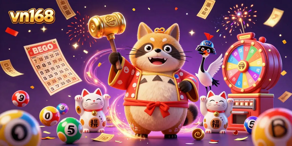 Win big on vn168 with joyful tanuki celebrating among colorful lottery elements and confetti.