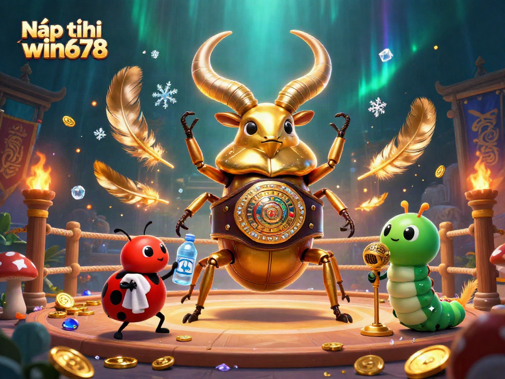 Nạp tiền win678 promotional illustration showcasing a golden stag beetle and characters in a vibrant casino setting.
