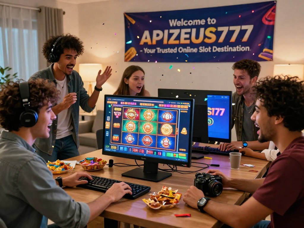 Friends enjoying a thrilling gaming session on situs slot with festive atmosphere and vibrant graphics.