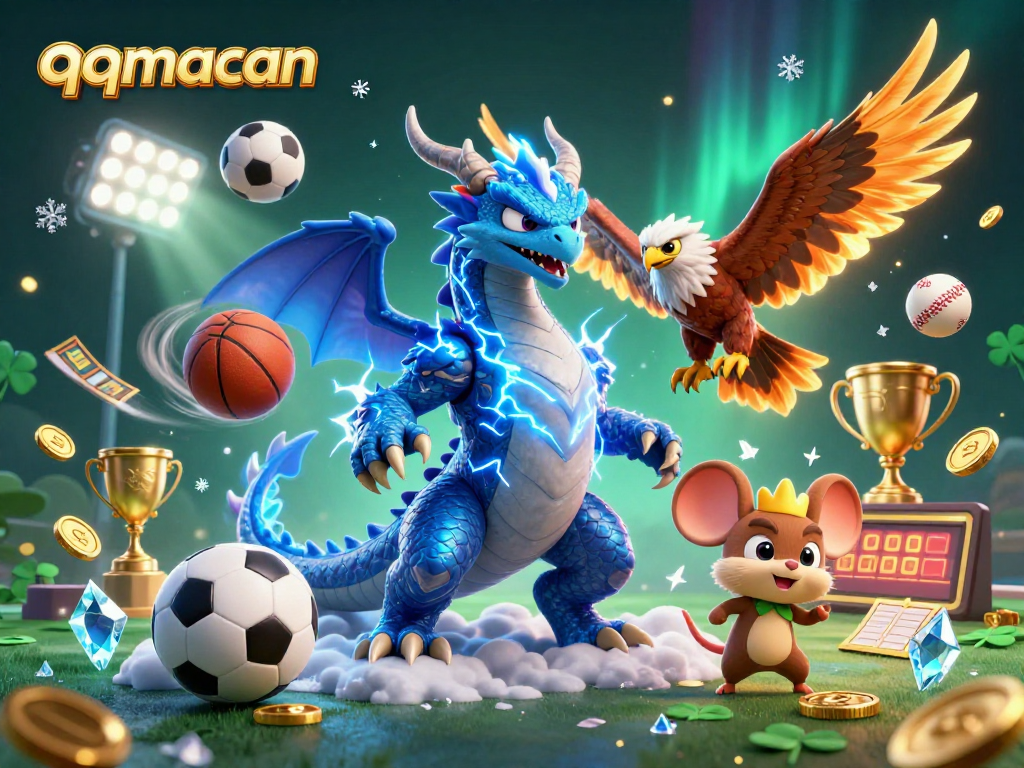 Bet on exciting sports events with qqmacan's dynamic 3D illustration showcasing thrilling sports elements.