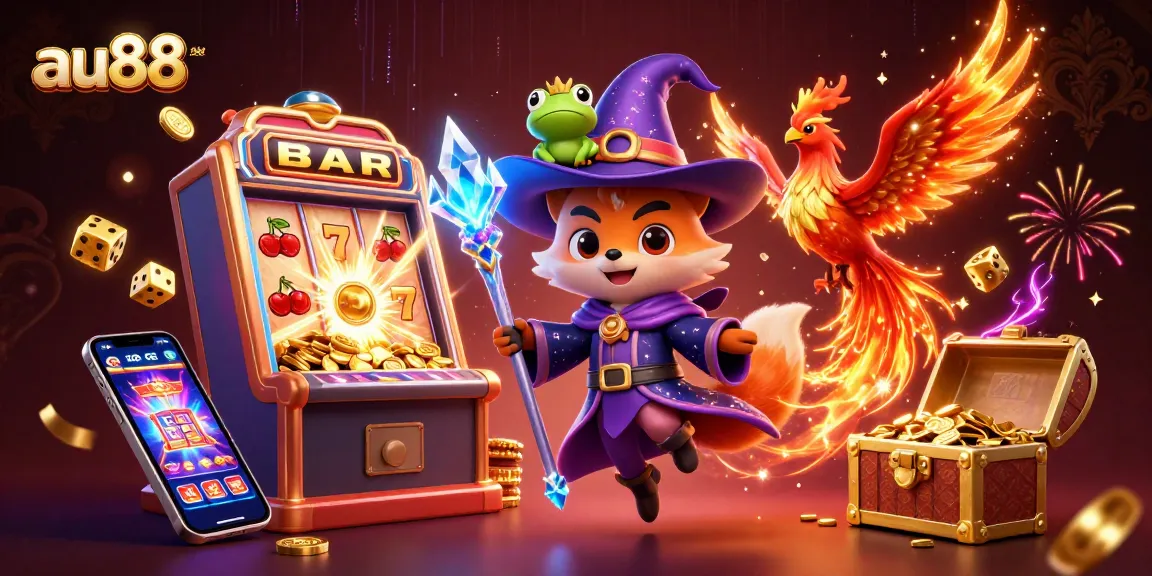 Experience exciting gaming adventures at au88 with a vibrant 3D casino illustration showcasing thrilling jackpots and magical characters.