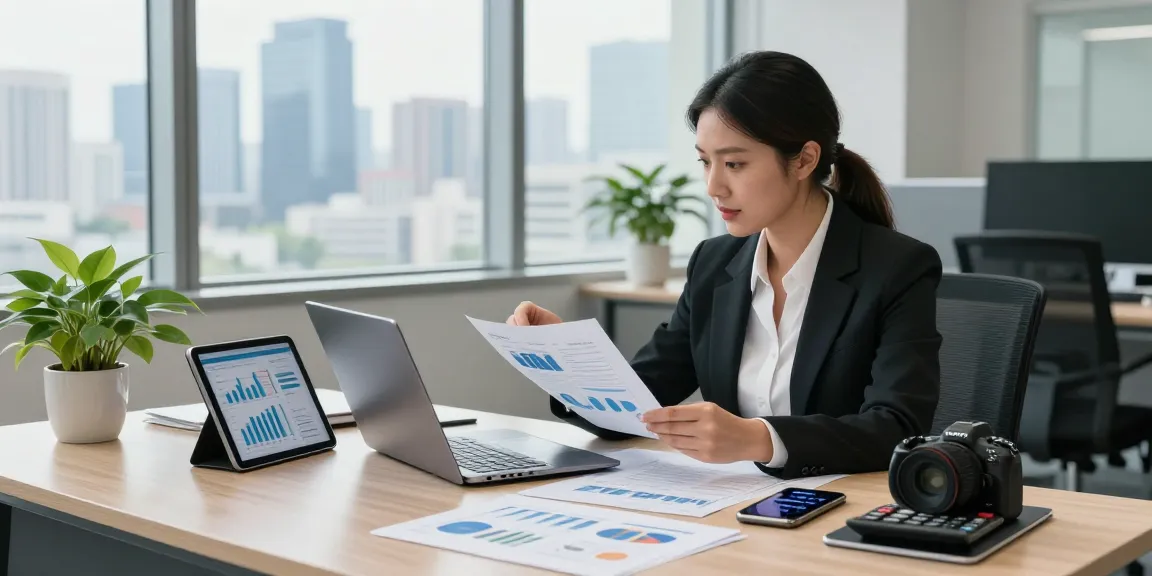 Businesswoman analyzing finances and cibc cmo login at modern office desk.