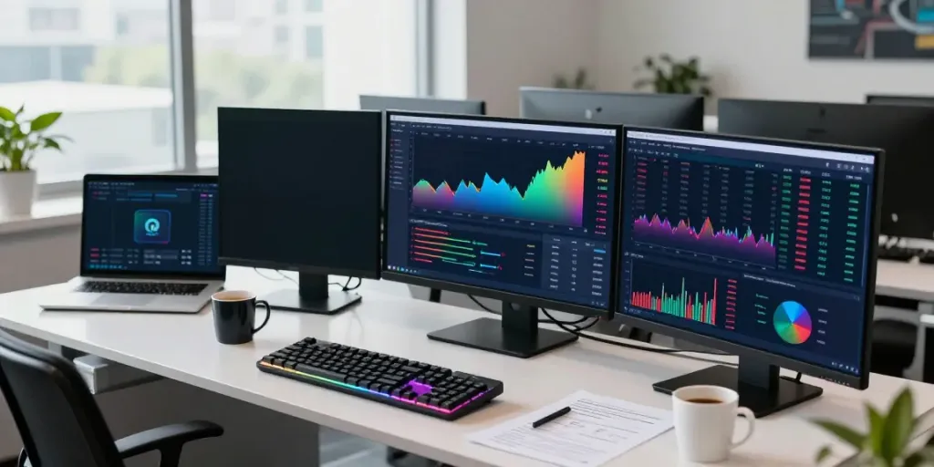 Dynamic trading workspace featuring 股票API data visualization with cryptocurrency trading screens, modern technology setup.