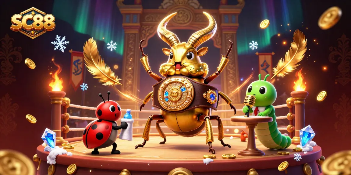 Feel the excitement of SC88 as the giant golden beetle champions the arena, surrounded by dynamic gambling elements.