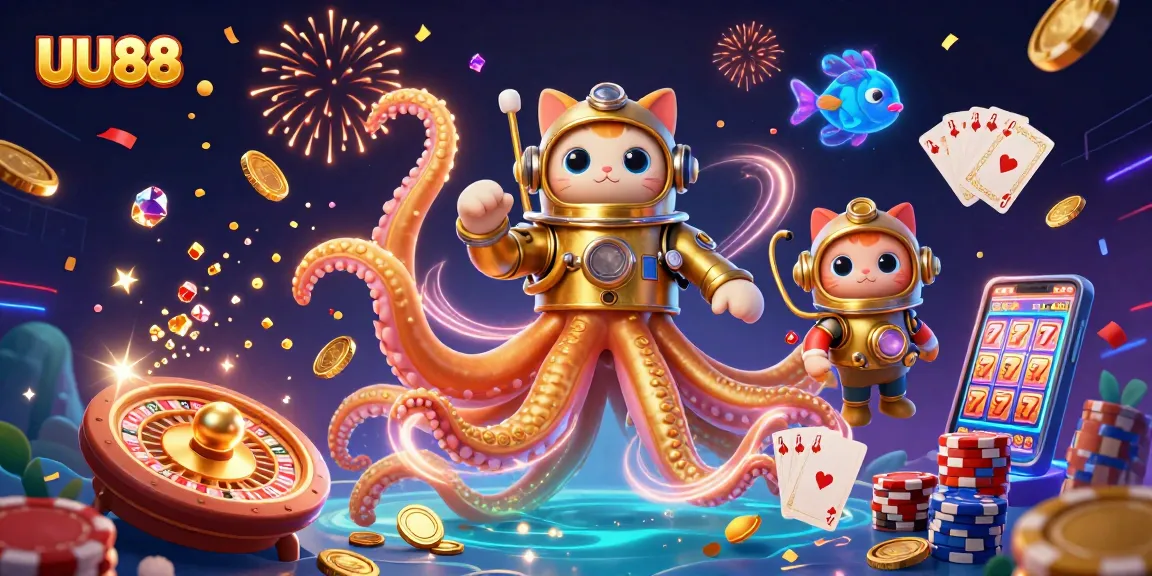 Experience thrilling gameplay at UU88 with a dynamic 3D illustration featuring a kraken, diving cat, and vibrant casino elements.