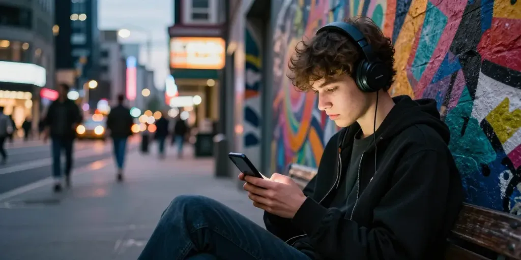 Young person using Insanony on their smartphone in a vibrant urban setting