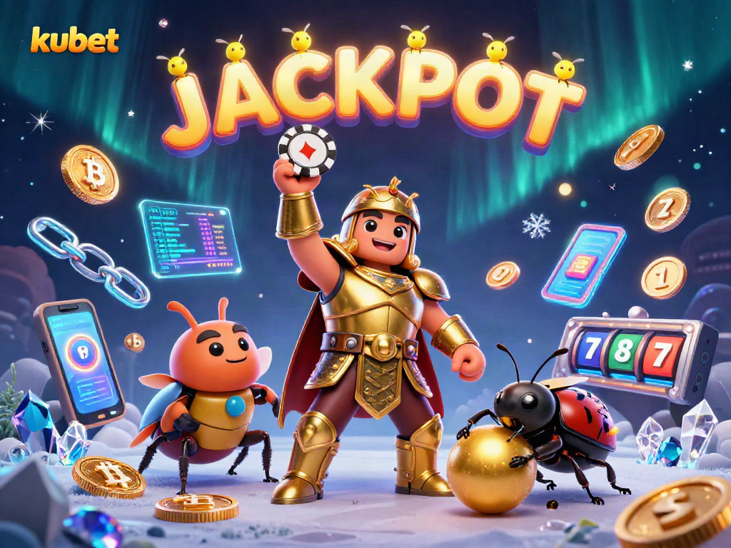 Join the fun at kubet as the courageous beetle celebrates a big jackpot win amidst vibrant casino elements and crypto icons.