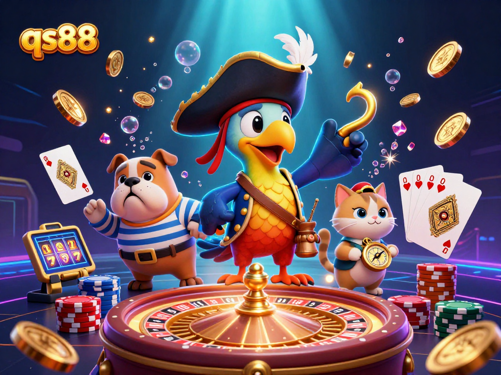 qs88 players spin thrilling jackpots in an exciting pirate-themed casino scene