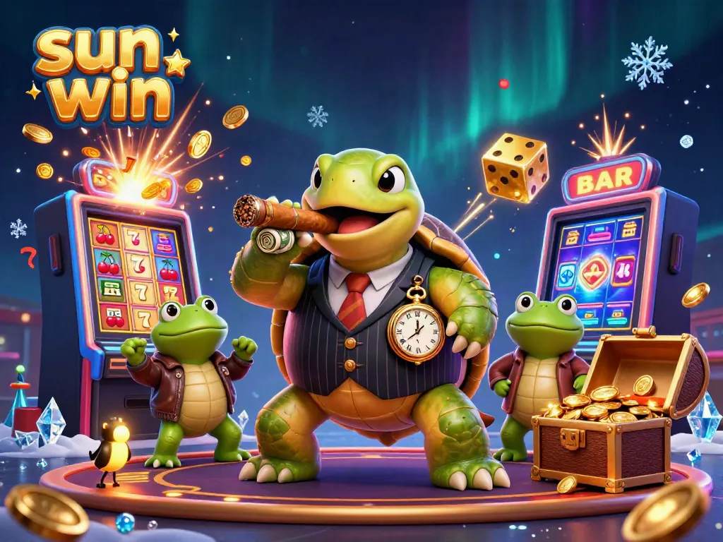 Experience winning excitement at sun win with a cartoon turtle and frog enforcers celebrating a jackpot explosion.