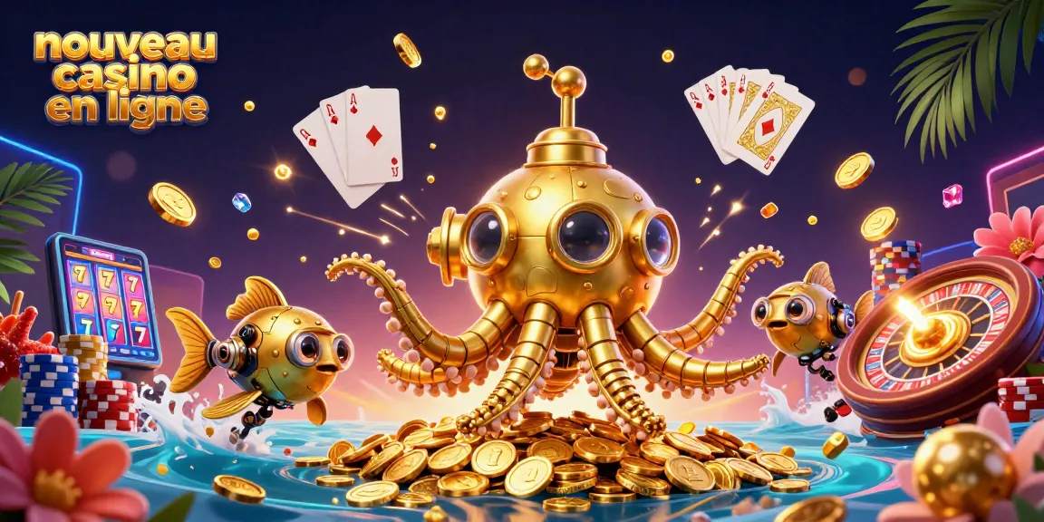 Plongez dans l'univers du nouveau casino en ligne avec ce design ludique présentant les jeux de hasard, des cartes et des jetons colorés.