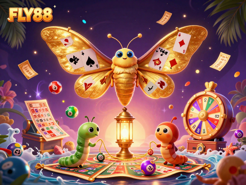 Engage your luck at FLY88 with a vibrant casino-themed illustration showcasing lottery balls, games, and joyful winnings.