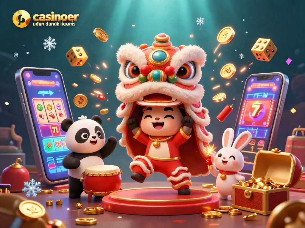 Experience the thrill of online casinoer uden dansk licens with a vibrant festival of gambling elements featuring a lion dance and celebratory symbols.