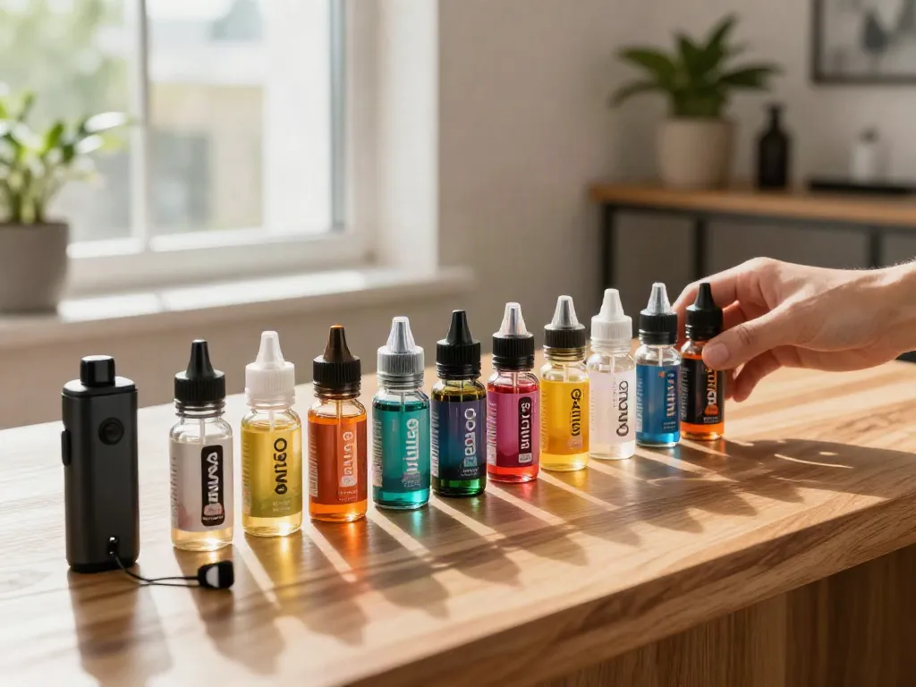 Vibrant display of nicotine salt vape juices with accessories in a cozy setting.