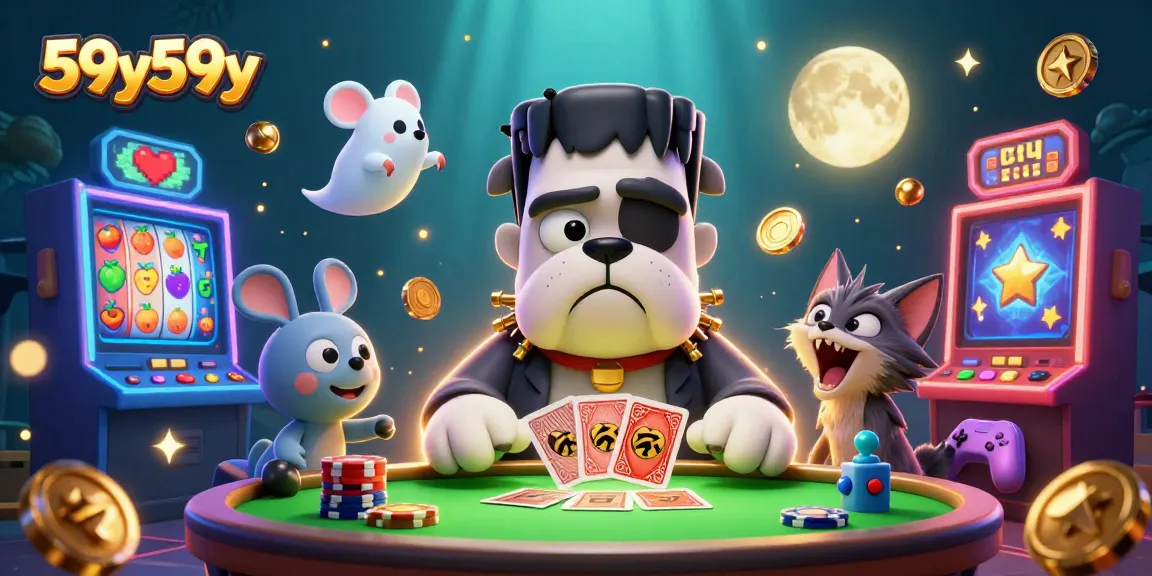 Jogando cartas com o buldogue Frankenstein e moedas brilhantes no 59y59y.