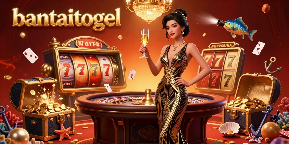 Bantaitogel offers an engaging online casino environment featuring an elegant Asian woman amidst spinning slot reels and lively game elements.