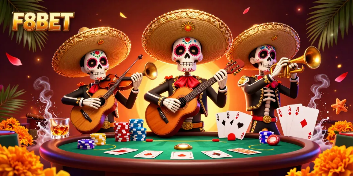 Engage in vivid gaming at F8BET with a lively mariachi band and poker excitement.