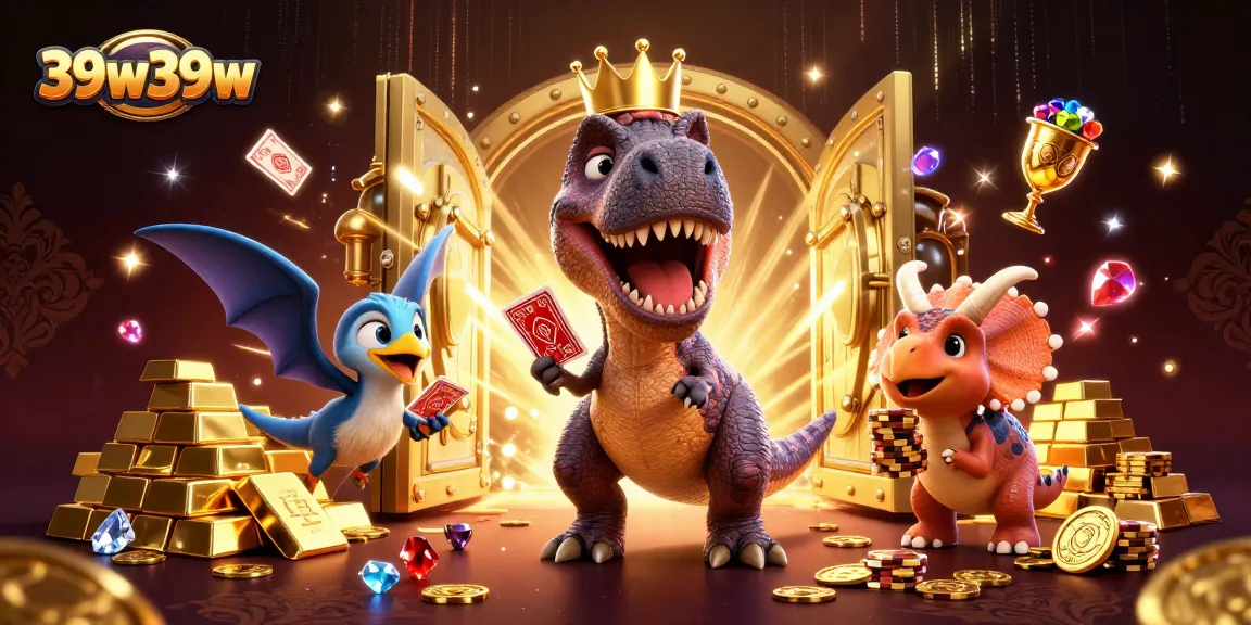 Experience thrilling card games at 39w39w with T-Rex and friends in a vibrant casino scene!