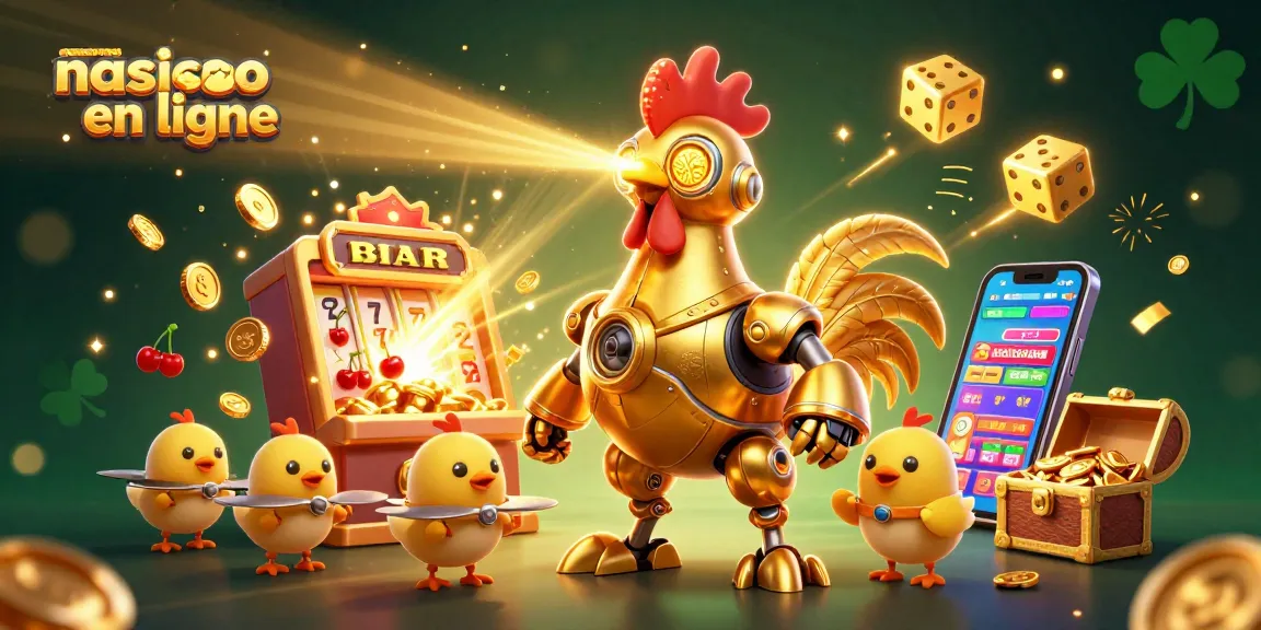 Visuel d'un nouveau casino en ligne, avec un robot coq doré et des drones, entouré de machines à sous