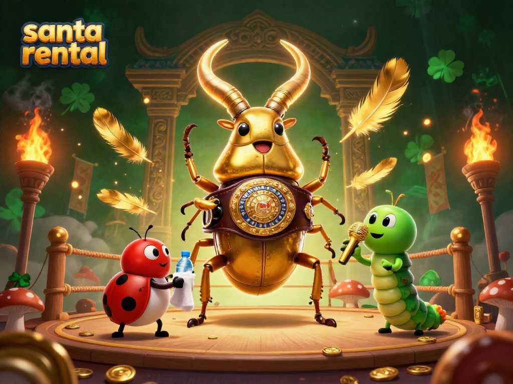 Engage in a vibrant scene of santa rental featuring a giant golden stag beetle champion amidst casino elements.