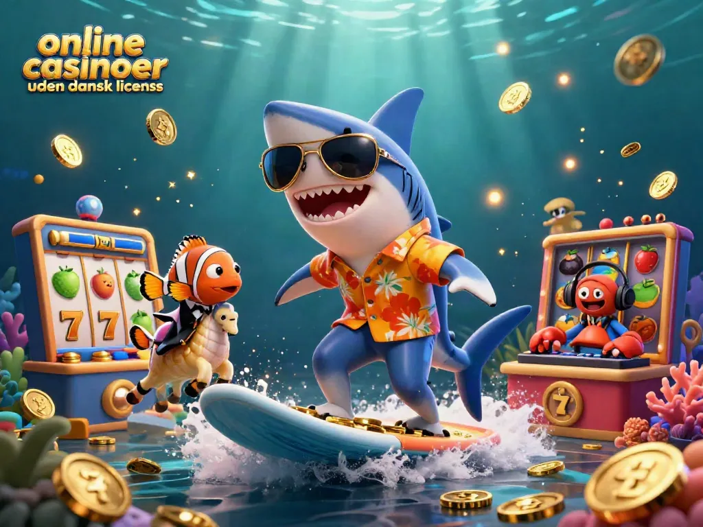 Engage with exciting online casinoer uden dansk licens and vibrant gaming elements featuring a surfing shark.