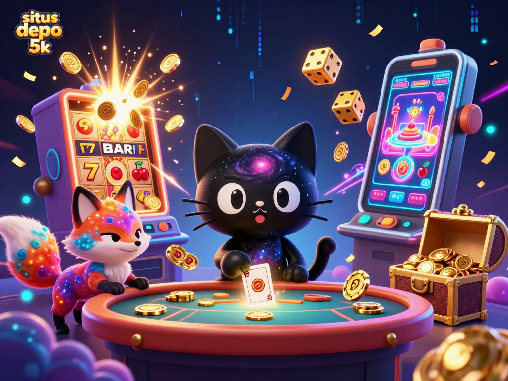Engage with the dynamic cosmic casino scene showcasing situs depo 5k, featuring characters and vibrant gambling elements.