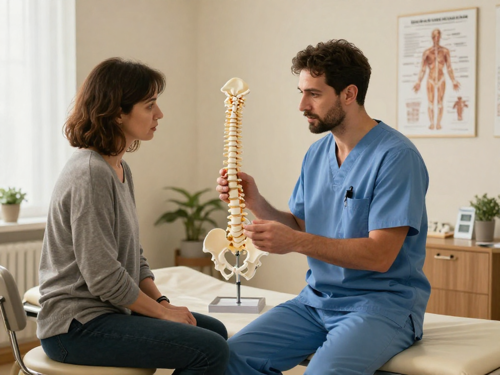 Consultation on bel fıtığı ameliyatı between a surgeon and patient in a healthcare setting, demonstrating professionalism and care.